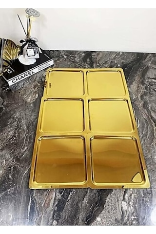 Lüx Paslanmaz Çelik Kare 6'li Gold Kahve, Çay, Nişan, Söz, Dekoratif Sunum Servis Tepsisi Çok Renkli