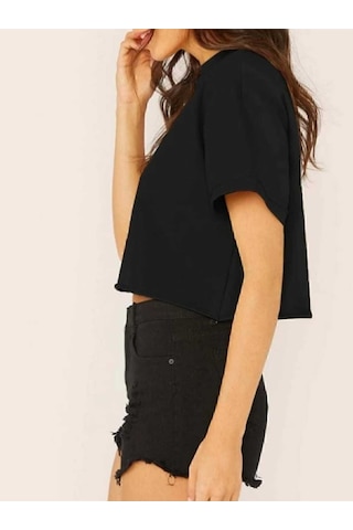 Crop Bisiklet Yaka Örme T-shirt Siyah