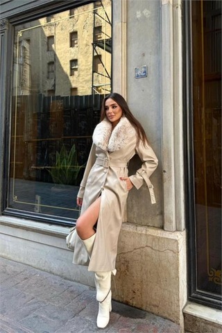 Neşeli Butik Kadın Yaka Çıkarılabilir Kürk Detaylı Düğmeli Deri Trençkot Nbstr1001 Bej