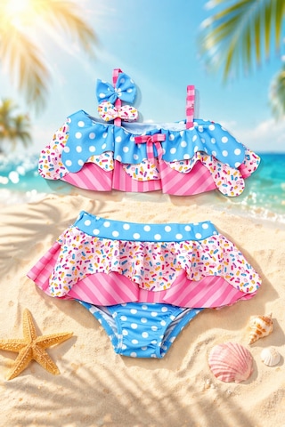 Beniizle Desenli Kız Çocuk Bikini Takımı Şekerpembe