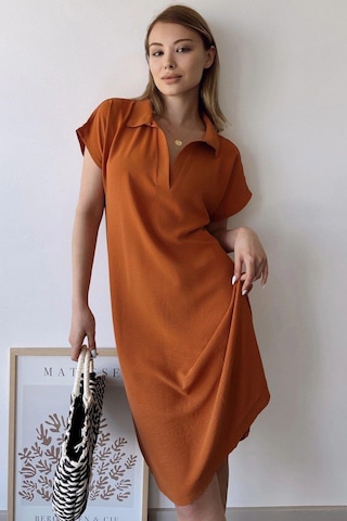 Kadın Kiremit Kısa Kol, Polo Yaka, Dokulu Desen, Basic Kalıp/kesim, Aerobin Rahat Midi Elbise Kiremit