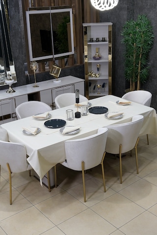 Dream 8 Parça Masa Örtüsü Seti Çeyiz Seti Salon Masa Örtüsü, Runner, 6'lı Peçete Bej