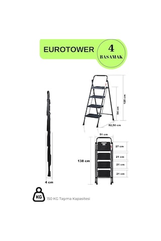 Eurotower 4 Basamak Özel Tasarım Geniş Basamaklı Siyah Merdiven 3+1