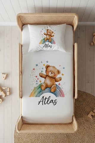 %100 Pamuk Saten İsme Özel İsimli 100x200 Tek Kişilik Lastikli Çarşaf Seti Ayıcık Beyaz
