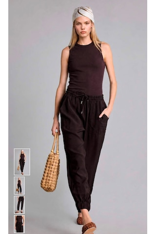 Kadın Kahverengi Beli Lastikli Jogger Pantolon Cepli Bağcıklı Rahat Kesim Günlük Yazlık Pantolon