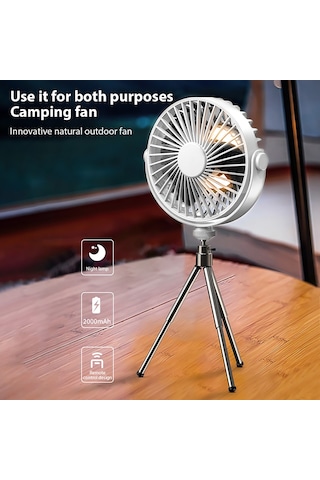 Symbee Beyaz Usb Şarjlı Tripod Fan, 3 Hızlı 4 Saatli Zamanlayıcı, Led Gece Lambası, Dış Mekan Kamp İçin Uzaktan Kumandalı Asılabilir Fan 2000mah