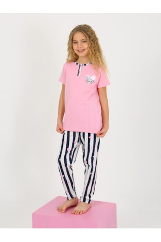 Kız Çocuk Kısa Kollu Düğme Detaylı %100 Pamuklu Pijama Takımı Princess Heart Koyu Pembe