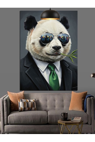 Şık Takım Elbiseli Panda Dekoratif Kanvas - Mdf Ahşap Tablo