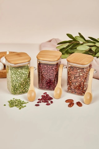 3 Lü Kaşıklı Cam Kavanoz Seti Baharatlık Saklama Kavanozu 550 Ml Çok Renkli