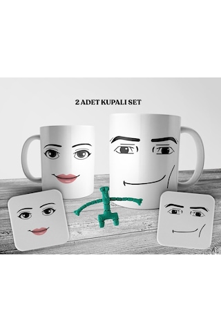 Roblox Man & Woman Face 2 Adet Kupa Bardak Ve Bardak Altlığı Seti Beyaz