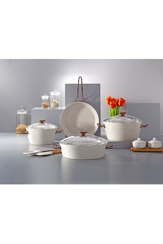 Milena 7 Parça Set Kar Beyazı & Rose Gold Kulp 18-22 Ten. 26 Kry 26 Tava