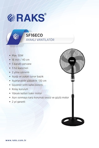Raks SF16 Eco 50 W Salınım Özellikli Ayaklı Vantilatör Siyah
