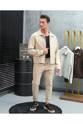 Modefendi Düz Kumaş Oversize Fermuarlı Alt Üst Jogger Takım Bej