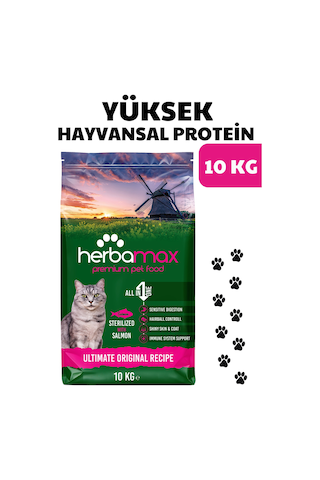 Herbamax Sterilised Kısırlaştırılmış Somonlu ve Pirinçli Yetişkin Kedi Maması 10 KG