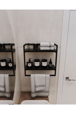 Aju Havluluk 2 Katlı Duvara Monte Raf Aksesuarlık Şal Askılığı Banyo Mutfak Düzenleyiciii Siyah