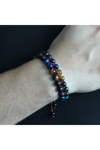 Çift Sıra Makrome Örgülü Küre Kesim Çoklu Kaplangözü Doğaltaş Kombinli Erkek Enerji Bilekliği Çok Renkli