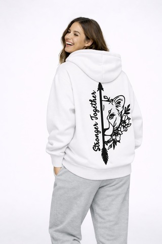 Nevermınd Stronger Together Yazılı Aslan Kaplan Baskılı Sevgili Kombini Oversize Hoodie Beyaz Beyaz