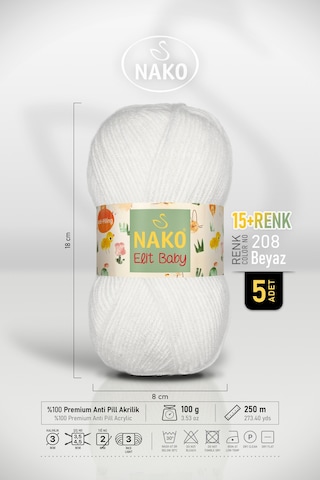 Elit Baby - 208 Beyaz - 5'li Paket - 100gr/250m - Bebek İpi - Anti Pilling Tüylenmez İp