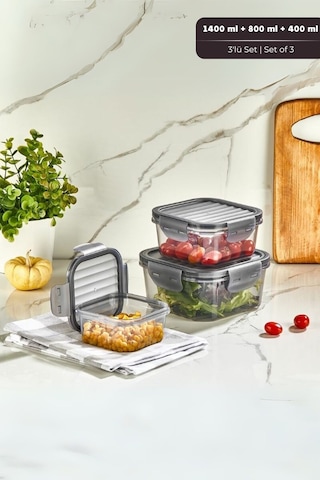 Quick Sızdırmaz Saklama Kabı Seti 3'lü Set, 1,4 Lt + 800 Ml + 400 Ml Füme