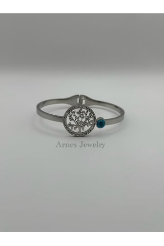 Arnes Jewelry Çelik Silver Yaşam Ağacı Kelepçe Bileklik Ar13 Silver