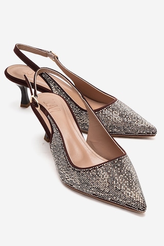 Luvishoes Nella Kahverengi Altın Taşlı Kadın Topuklu Ayakkabı Kahverengi