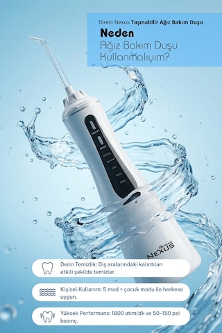 Şarjlı Taşınabilir Ağız Duşu 5 Başlıklı 5 Modlu Ipx7 350 Ml Beyaz