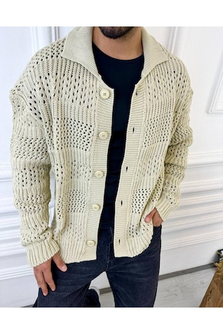 Elku Moda Hırka Oversize Özel Örgülü Triko Desenli Salaş Örgü Hırka Krem