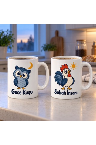 Gece Kuşu Ve Sabah İnsanı 2'li Porselen Kupa Seti - Model 383 Çok Renkli