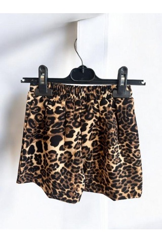Kız Çocuk Bel Lastikli Leopar Desenli Şort Etek-14740 Kahverengi