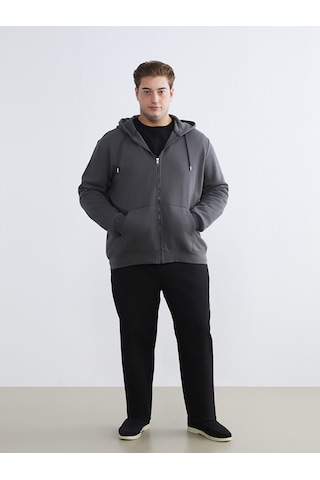 Lcwaıkıkı Classic Gri Büyük Beden Kapüşonlu Erkek Kalın Fermuarlı Sweatshirt