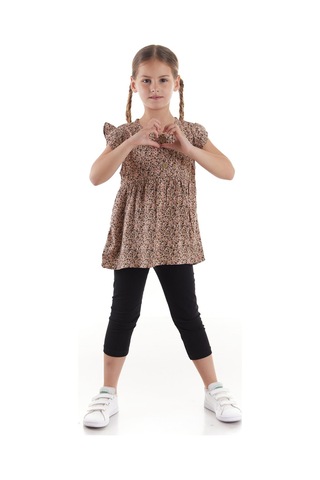 Ahengim Kız Çocuk Takım Vizkon Baskılı Taytlı Alt Üst Takım Pamuklu Ak2522 Bej