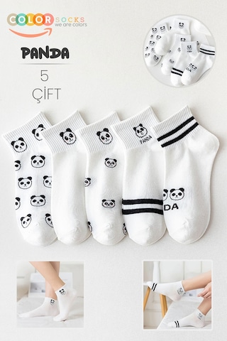 5 Çift Beyaz Panda Desenli Yarım Kolej Kadın Çorap Seti Beyaz