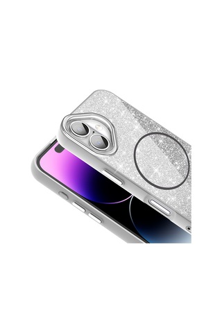 Apple Uyumlu iPhone 16 Kılıf Magsafe Şarj Özellikli Parlayan Simli Okso Kılıf Beyaz