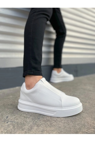 Mevese Torino Erkek Bağcıksız Cilt Günlük Sneaker Ayakkabı Ortopedik Kalın Taban Beyaz