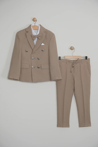 Erkek Çocuk Çizgili Ceket Gömlek Pantolon Papyonlu Takım Elbise Te.1001y Vizon