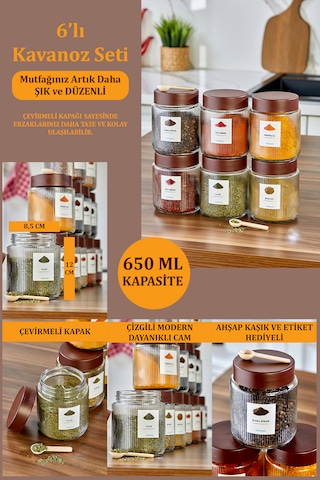 6'lı Çizgili Kalın Cam Kavanoz Baharatlık Bakliyat Saklama Kavanozu Seti 650 Ml Şeffaf