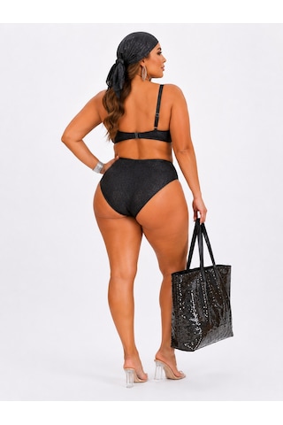 Büyük Beden Balenli Simli Toparlayıcı Yüksek Bel Kadın Bikini Takım Siyah
