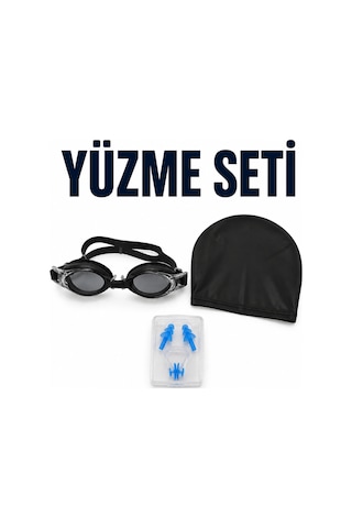Yüzme Seti Siyah Gözlük Bone Kulak Tıkacı Burun Klipsi 4 Parça