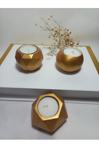 Geometrik Desenli Antiquity Gold 3'lü Mumluk Set, Dekoratif Masa Sehpa Üstü Aksesuar Gold