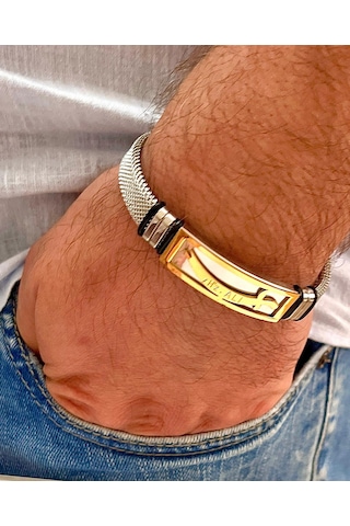 Hz. Ali Figürlü Silver Renk Tamamı Saf Çelik Bileklik 20... Silver - Gold