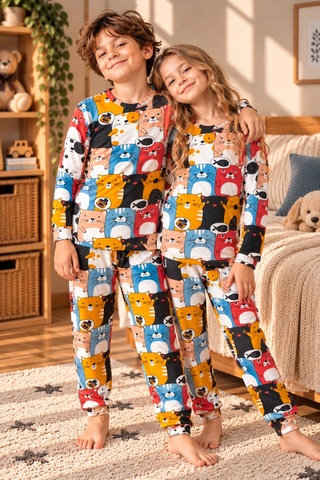 Free Beka Sevimli Desenli Bisiklet Yaka %100 Pamuklu İnterlok Kumaş Kız Ve Erkek Çocuk Uzun Kollu Pijama Takımı Çok Renkli