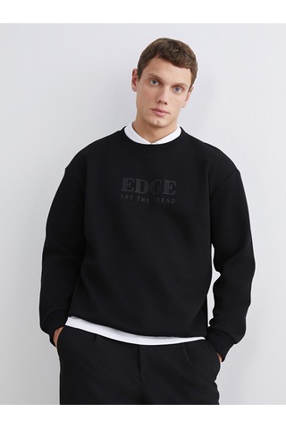 Lcw Vision Siyah Bisiklet Yaka Baskılı Erkek Kalın Sweatshirt
