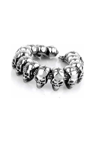 Novahub Gotik Kafatası Vintage Erkek Bileklik - Siyah Punk Paslanmaz Çelik Bilezik - Gümüş Renk Gümüş