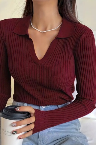 Kadın Fitilli Polo Yaka Triko Kazak Bordo