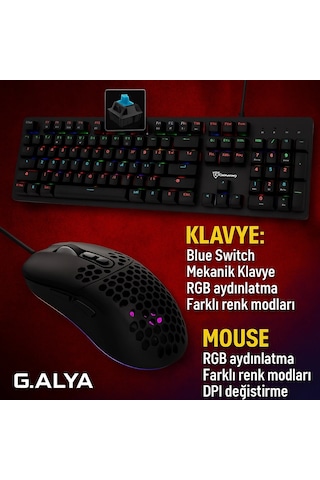 G.alya Gaming Oyuncu Klavye Ve Mouse Set - Rgb Aydınlatma, Blue Switch, Dpı Ayarı, Hafif Ve Serin Ta Optik
