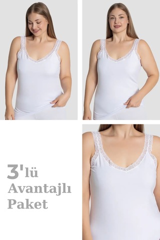 Grey Cat Kadın Büyük Beden Pamuklu Dantelli Atlet Beyaz 3'lü Paket Rahat İç Giyim Pratik Çamaşır Ev Giyimi Beyaz-3