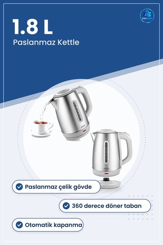 Kablosuz Su Isıtıcı Paslanmaz Çelik 1.8l Kettle Döner Taban Oto