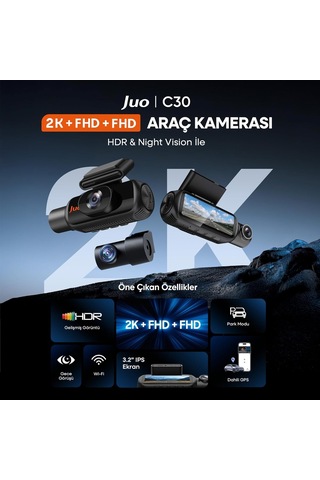 Juo C30 2k Qhd Ön + Fhd İç + Fhd Arka 3 Kameralı Wifi Gps Hdr Araç Kamerası Ekranlı 170 Derece Geniş Açı Gece