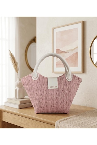 İlke Çanta Dünyası Kelebek Cotton Makrome El Yapımı Kadın Çanta Şık Tasarım, Dayanıklı Örgü, Günlük Kullanım Pembe - Pudra