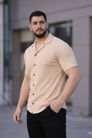 Tarzyeri Erkek Waffle Kumaş Kısa Kollu Düğmeli Açık Yaka Regular Fit Gömlek - Bej Beyaz